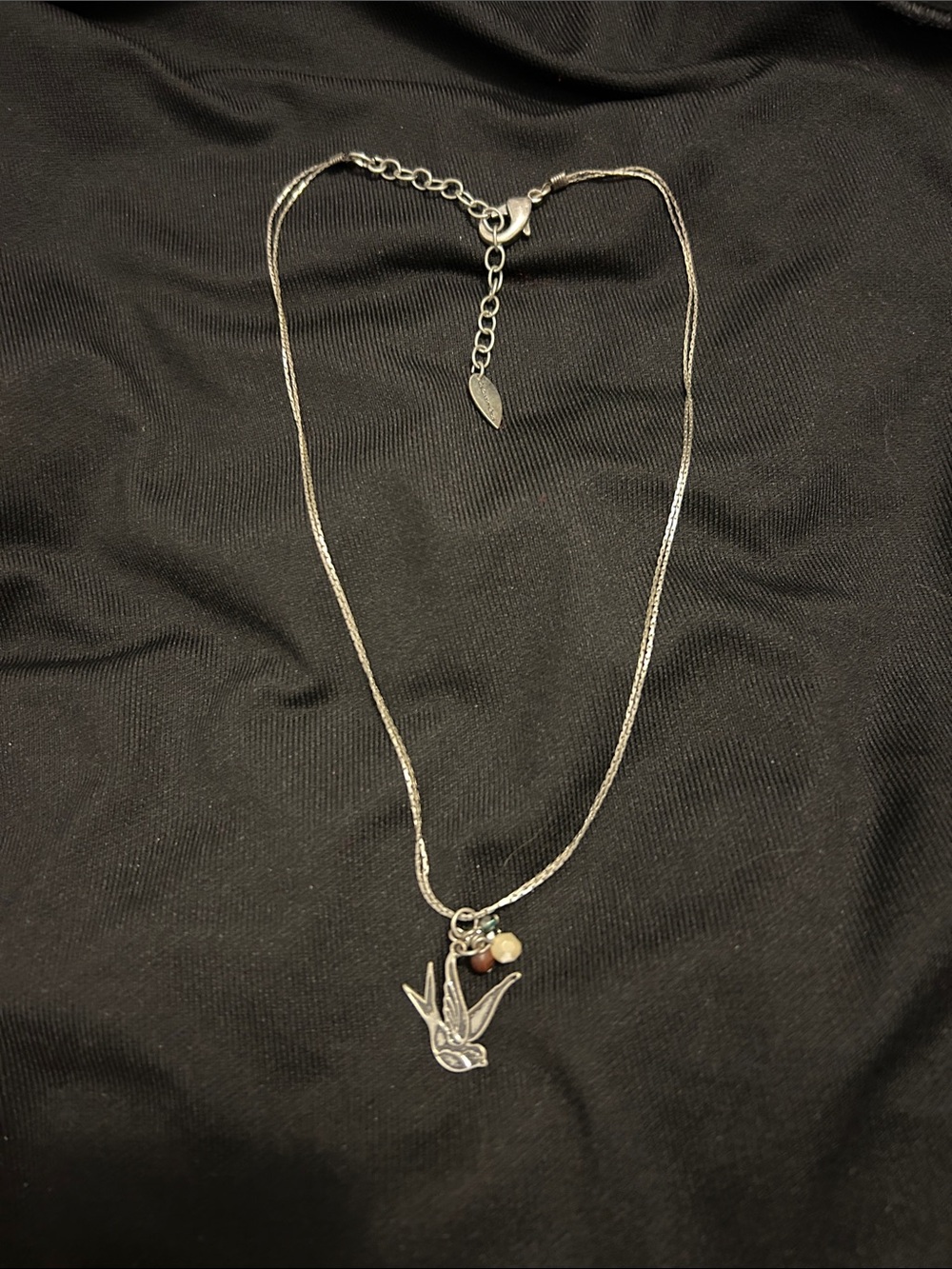 Silver Swallow Charm Necklace with Bead Accent - Women Jewelry